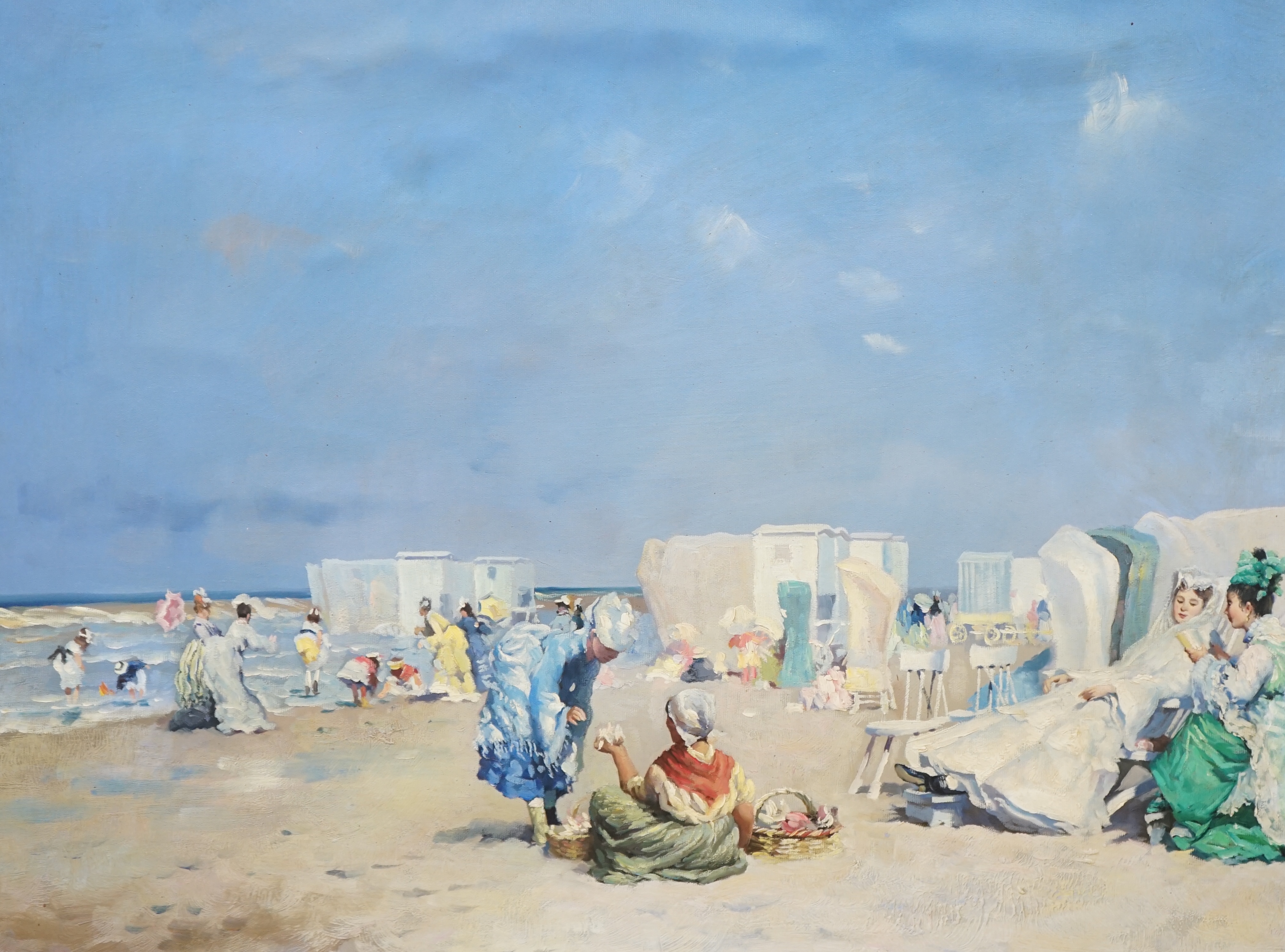 Modern British, oil on canvas, Figures on a beach, unsigned, 50 x 66cm. Condition - good, would benefit from a clean